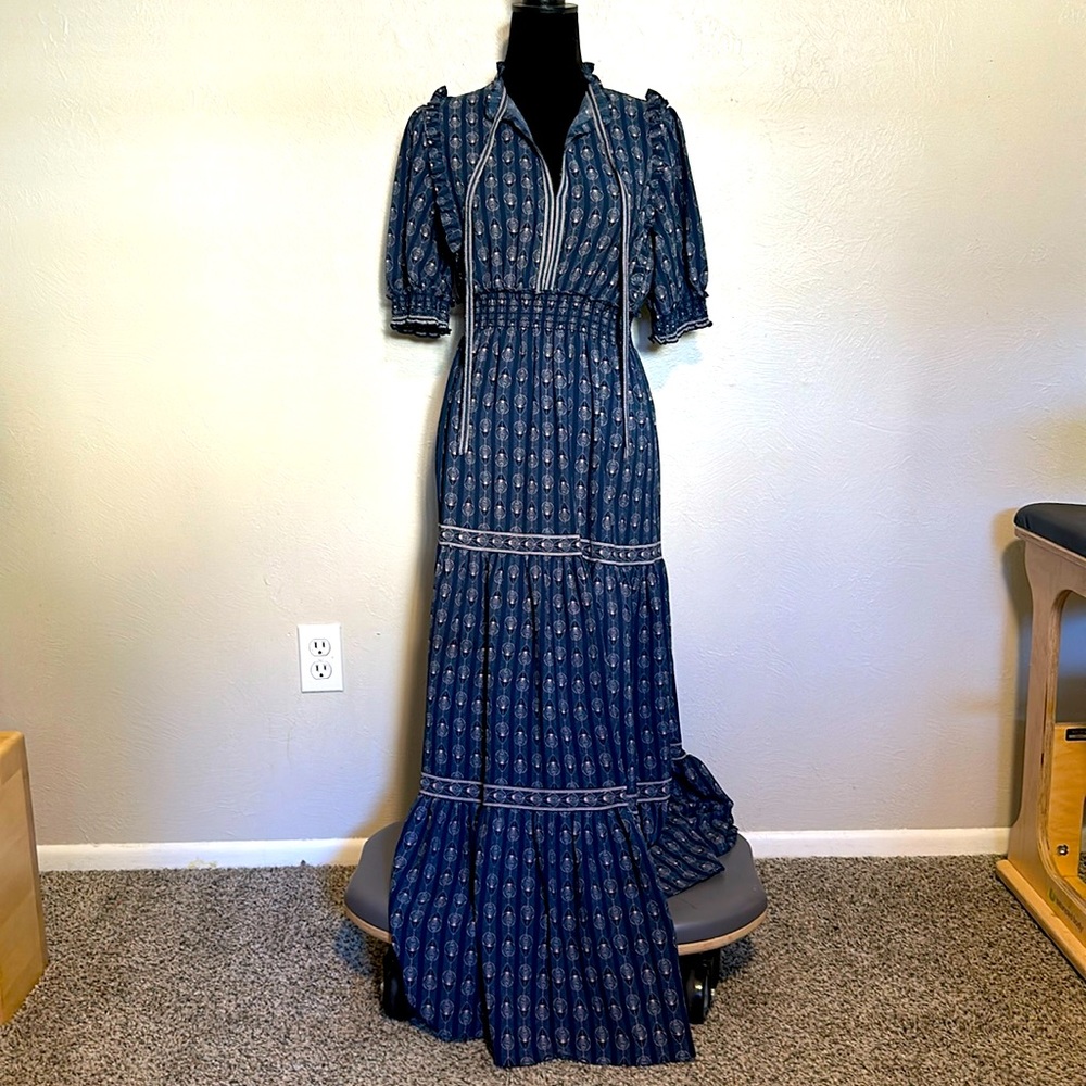 Like New Max Studio Navy Blue Printed Cottagecore Maxi Dress Size Small